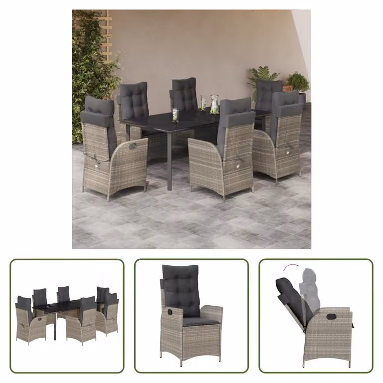The Living Store Set da pranzo da giardino 7 pezzi con cuscini in poly rattan grigio chiaro