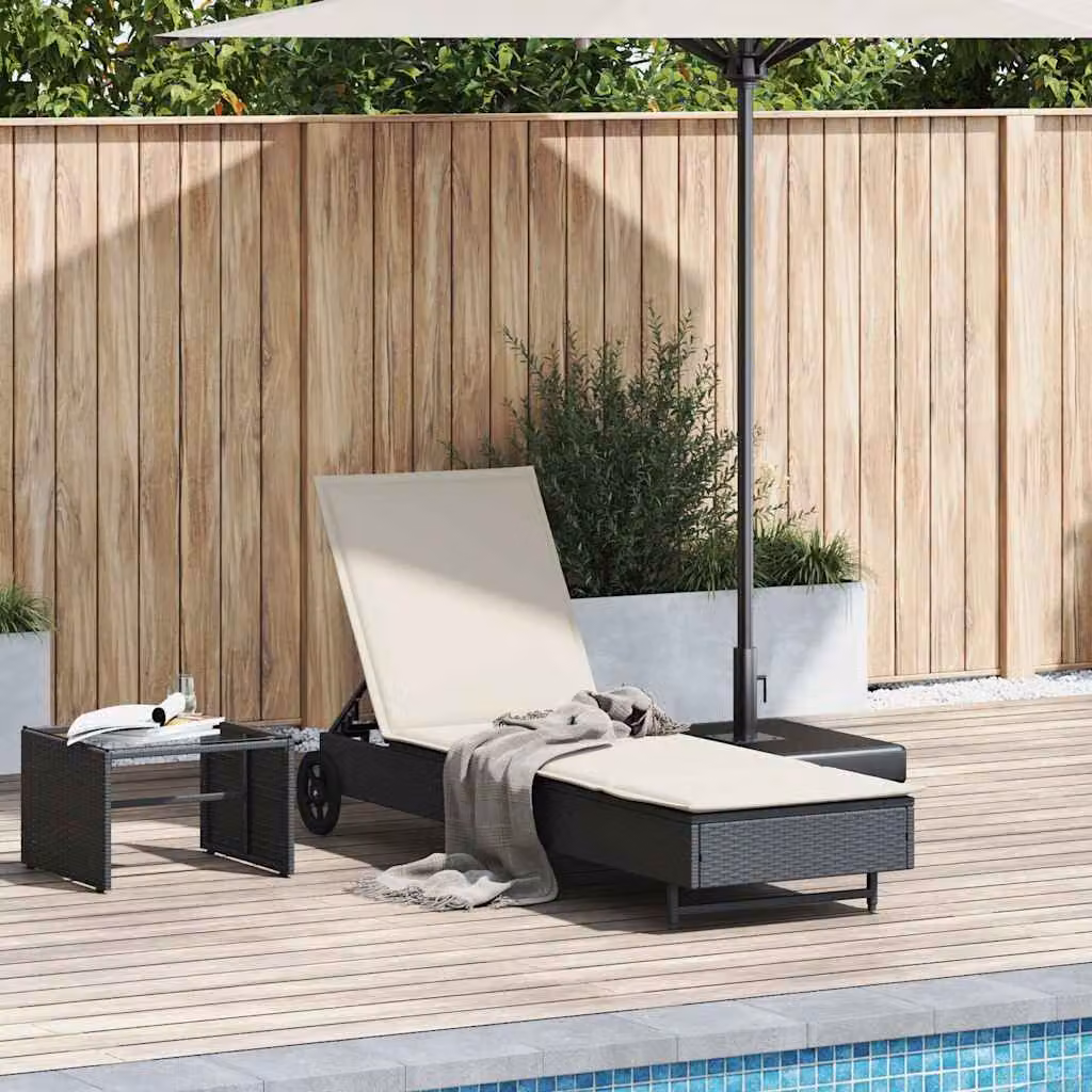 vidaXL Lettino Prendisole in Polyrattan con Ruote e Cuscino Regolabile Nero e Bianco