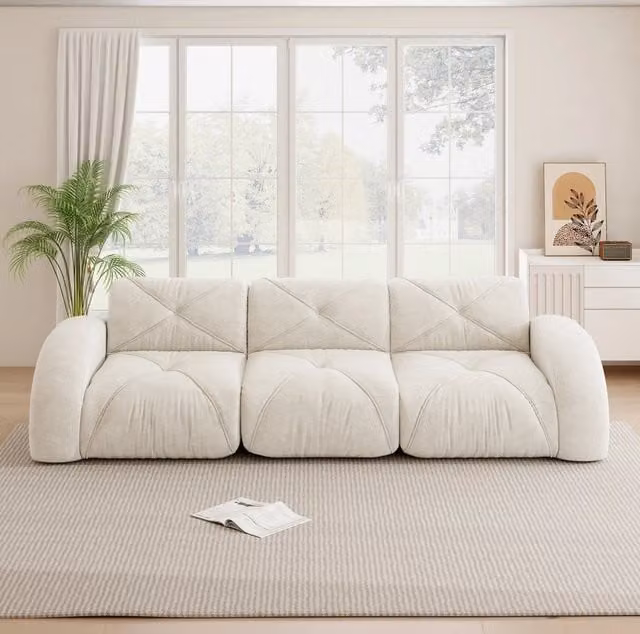 Divano modulare senza braccioli in chenille; 3 posti; beige chiaro
