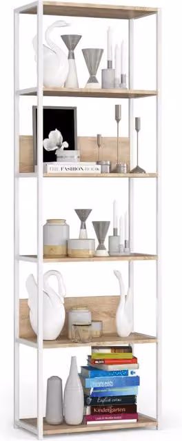 Scaffale Loft Akord in stile Industrial con ripiani in legno, Bianco e Sonoma Quercia, L: 60 cm, P: 32 cm, H: 192 cm