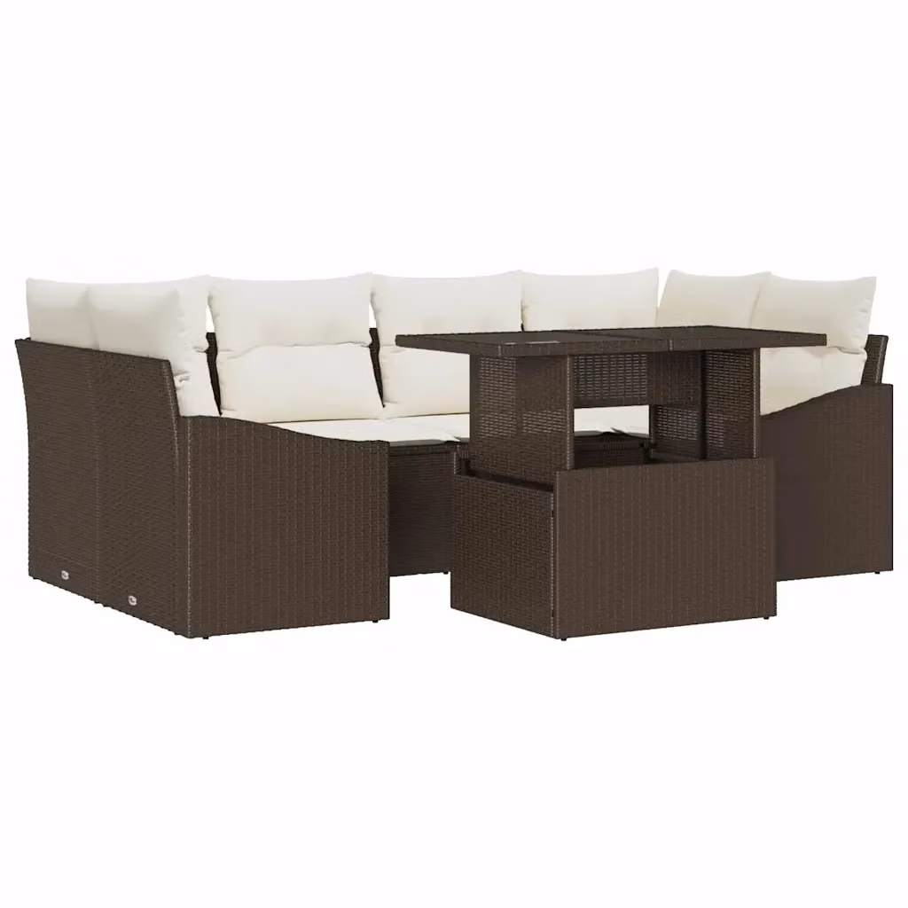 vidaXL Set Divano da Giardino 7 Pezzi in Polyrattan Marrone e Beige con Cuscini e Tavolino – 2