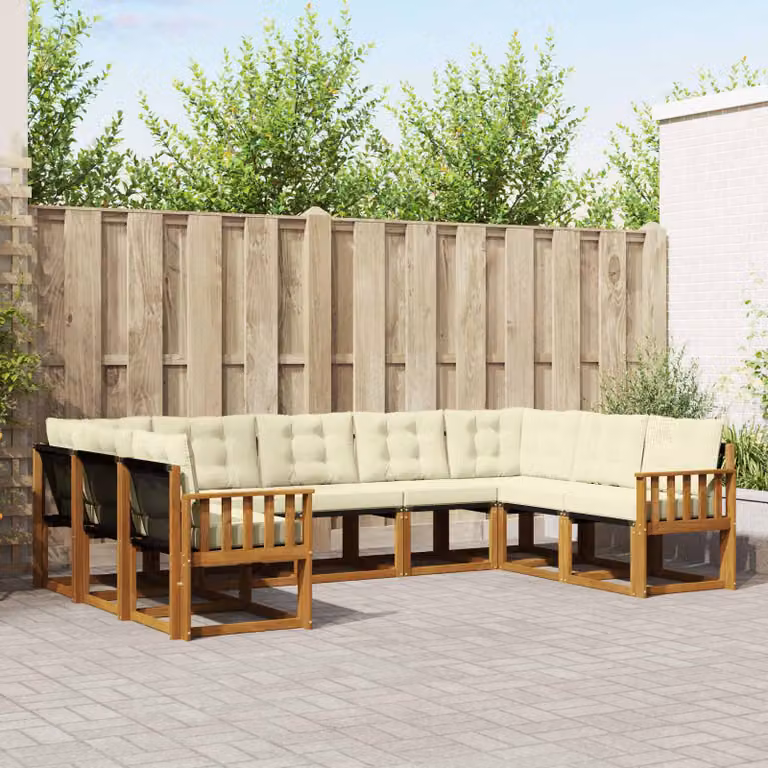 Set di divani da esterno vidaXL a forma di U composto da 9 pezzi in legno di acacia con cuscini in tessuto beige e crema