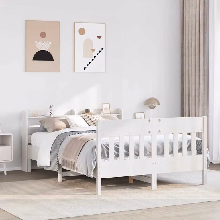 Letto in legno di pino massello bianco con ripiani laterali stile rustico per adulti