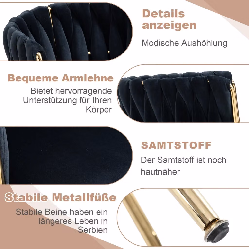 Set da 2 sedie da pranzo REDOM in velluto nero con gambe in metallo dorato e braccioli, stile glamour – 2