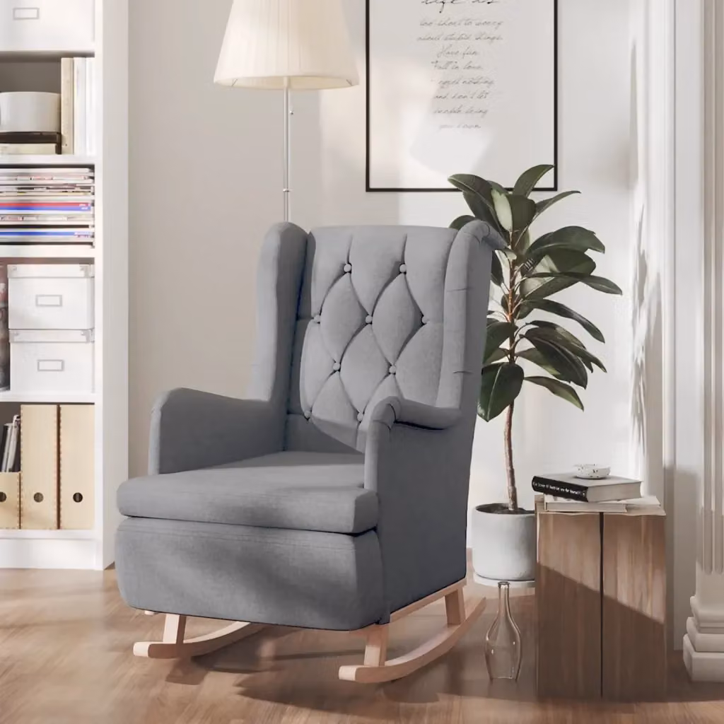 Poltrona Relax a Dondolo con Braccioli in Tessuto Grigio e Legno di Hevea – 2