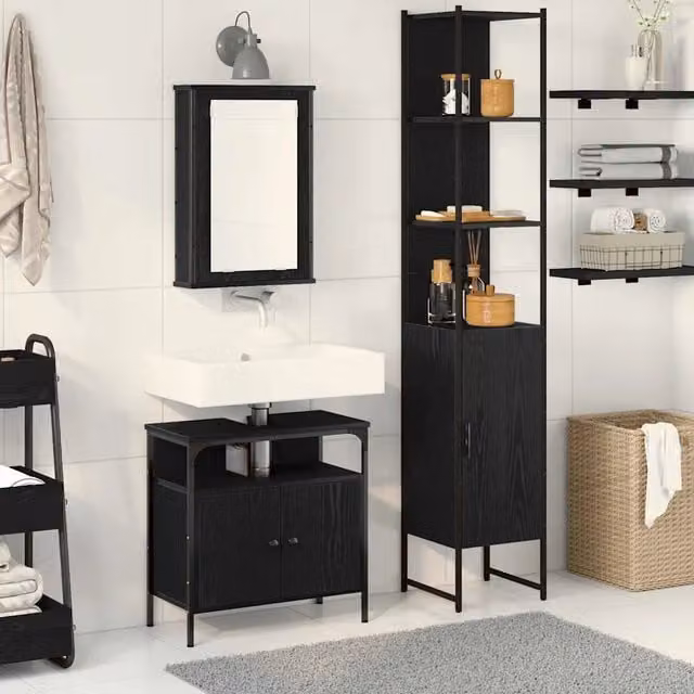 Set di mobili per il bagno moderno vidaXL in 3 pezzi, colore nero e rovere, composto da armadietto con specchio, mobile lavabo e colonna alta, H x L x P: 185,5 x 60 x 33 cm