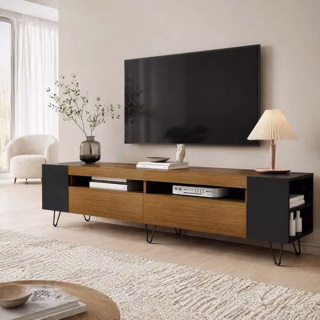 Mobile TV ULEVR 180x36x43 cm nero e effetto legno con 2 ante, vani aperti e passacavi