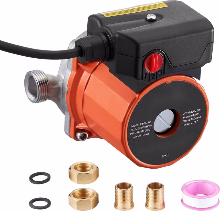 Pompa di circolazione - Pompa di circolazione per acqua calda - 38 L/min - Comando a 3 velocità - 100 W, 220-240 V AC - Adattatore da G3/4 a G1/2 - Testata in acciaio inox - Circolazione istantanea
