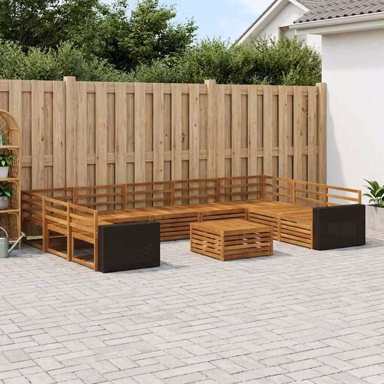 Set di divani da esterno vidaXL a forma di U in legno di acacia marrone con cuscini e tavolino da caffè