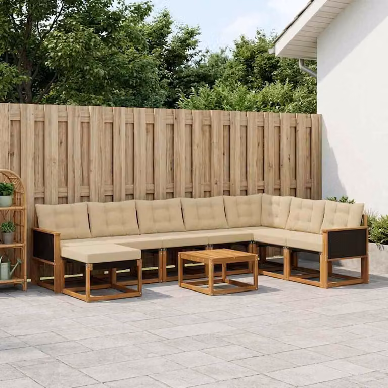 Set di divani da esterno vidaXL 9 pz in legno di acacia con cuscini beige e marrone, composizione a forma di U con tavolino e pouf