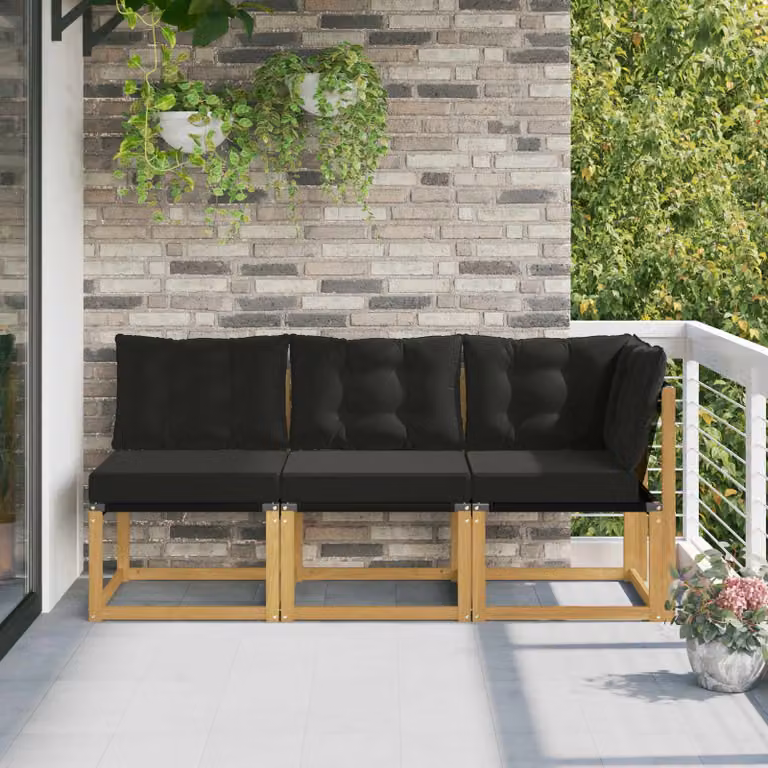 Set di divano modulare da esterno e angolare vidaXL in legno di acacia con cuscini bianchi e rivestimento in textilene