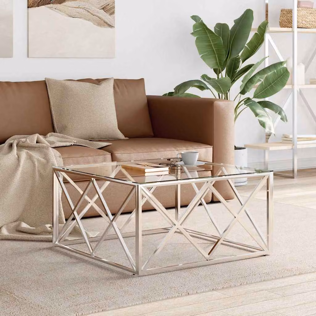vidaXL Tavolino da Salotto Moderno in Vetro e Metallo Argento L/P/H: 80 x 80 x 40 cm