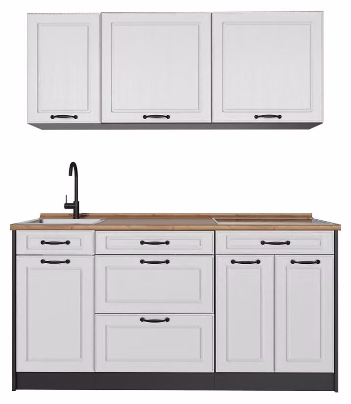 Cucina monoblocco Vicco R-Line Bianco country/Antracite 160 cm piano di lavoro Rovere dorato, Model 67687