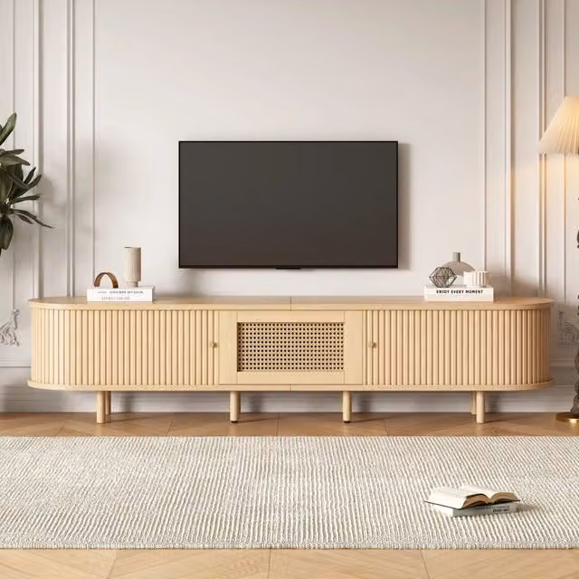Mobile TV Moderno 180x40x40 cm, Design Rotondo con Porta a Rullo e Cassetto, in MDF Colore Legno, per TV fino a 75 Pollici, Soggiorno e Sala da Pranzo