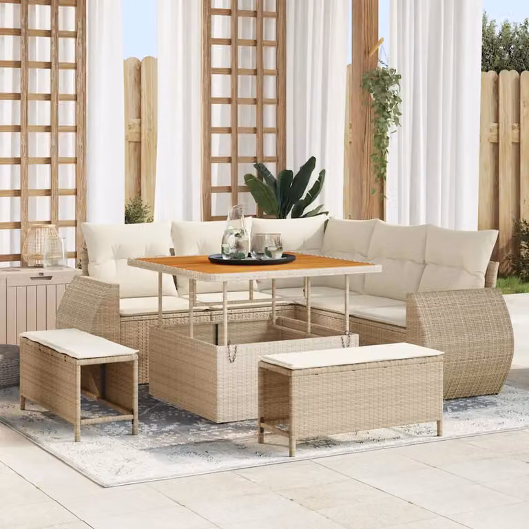 Set Divano da Giardino vidaXL 8 Pezzi con Poltrona, Elemento Angolare, Ottoman e Tavolino da Caffè, Design Moderno a L, Colore Beige e Bianco