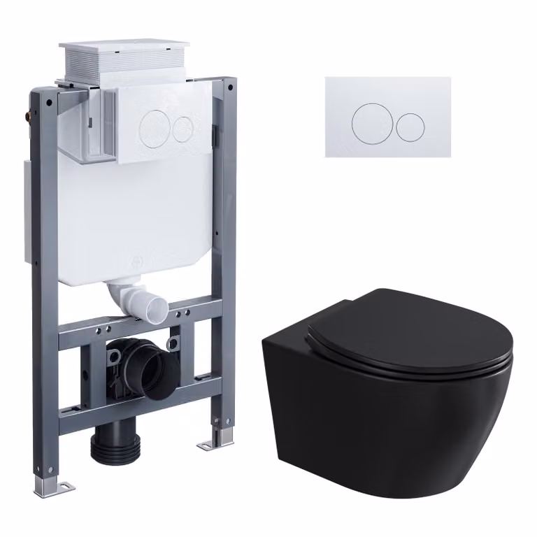 Set completo per WC sospeso HOROW, colore nero: elemento di supporto a parete da 82 cm, cassetta di scarico nascosta, vaso WC a parete e pulsante rotondo bianco