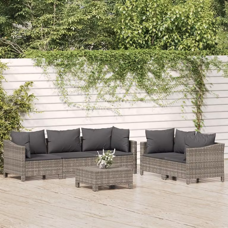 The Living Store Set da giardino da 6 pezzi con cuscini in poly rattan grigio