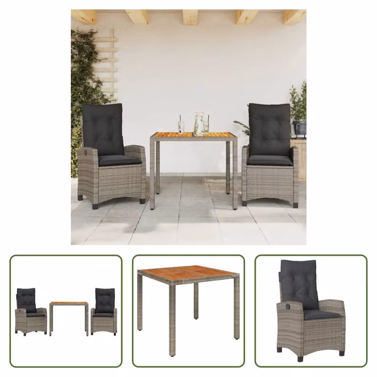 The Living Store Set da pranzo da giardino in 3 pezzi con cuscini in poly rattan grigio