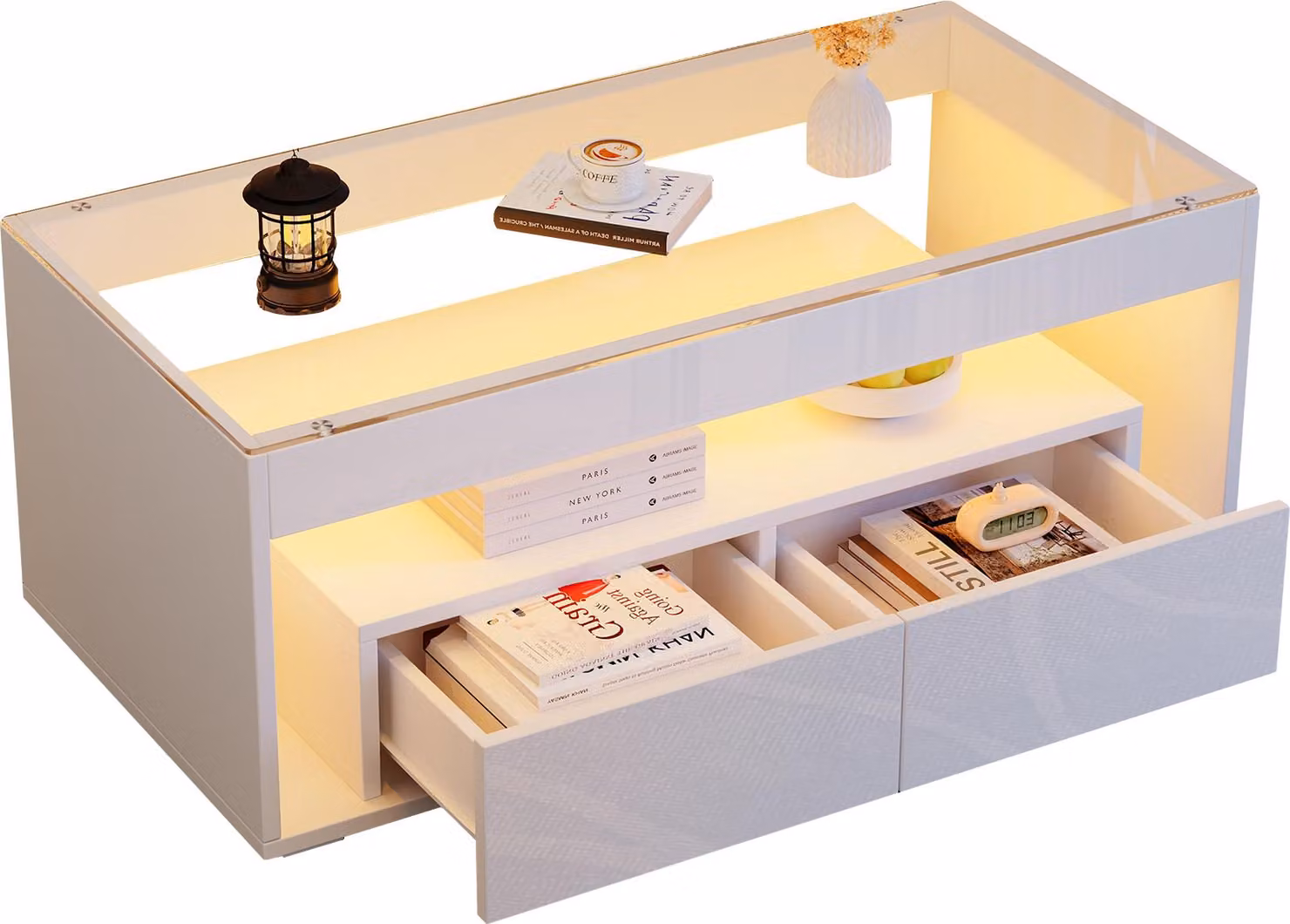 tavolino da caffè 100*50*40cm con luce LED, tavolo da divano rettangolare con 2 ampi cassetti, spazioso tavolo da soggiorno in vetro, design a doppio strato