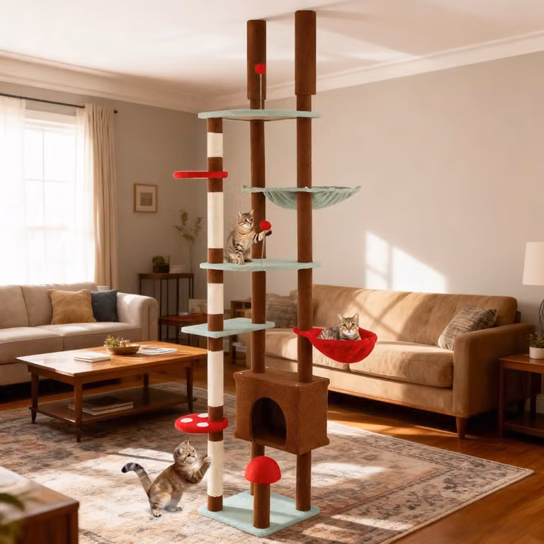 Albero per gatti Costway a pavimento e soffitto con amaca e cuccia, design a fungo, Marrone