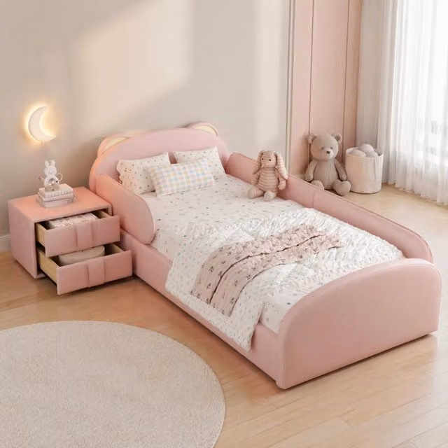 Desviae Letto bambini 90 × 200 cm con testiera orso, comodino coordinato, senza materasso, in PU, rosa