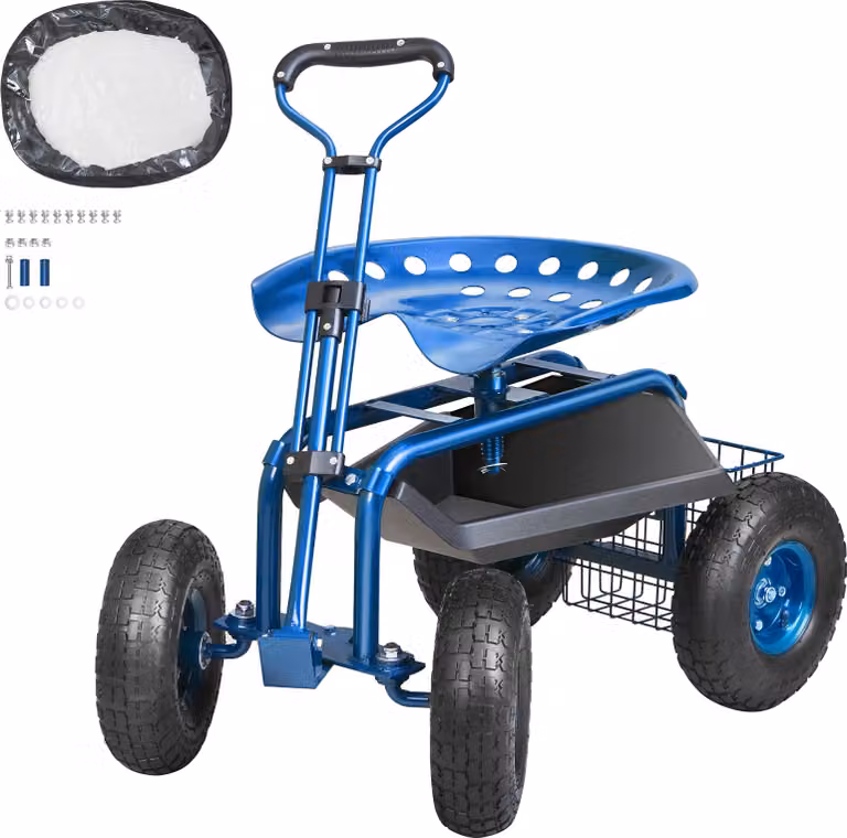SucceBuy carrello da giardino con ruote, sgabello da giardino con sedile girevole a 360°, contenitore per attrezzi multiuso, maniglia di guida per patio e giardino, blu