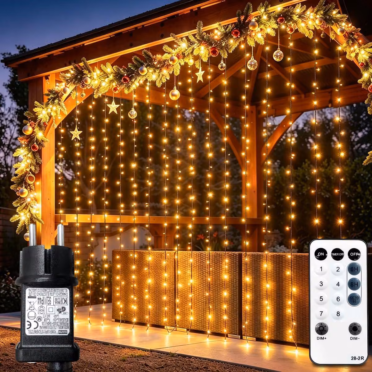 Tenda luminosa da esterno, 3 x 3 metri, 300 LED bianco caldo, con telecomando