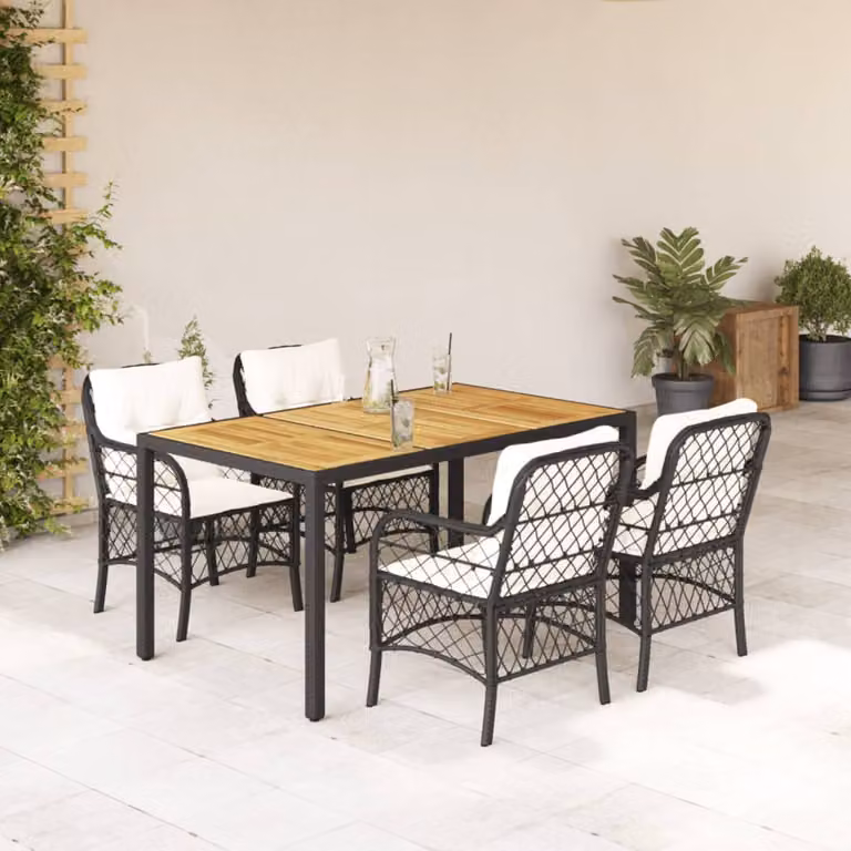 Set da Pranzo da Giardino vidaXL in Legno di Acacia e Polyrattan, 5 Pezzi, Nero e Bianco