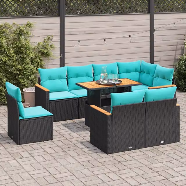 Set Divani da Giardino 9 pz con Cuscini Nero in Polyrattan 3327501