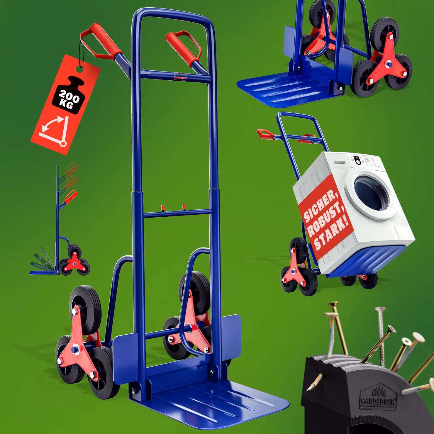 Carrello Portapacchi per Scale Gardebruk in Acciaio con 6 Ruote, Capacità 200kg, Disponibile in Blu o Rosso – 2