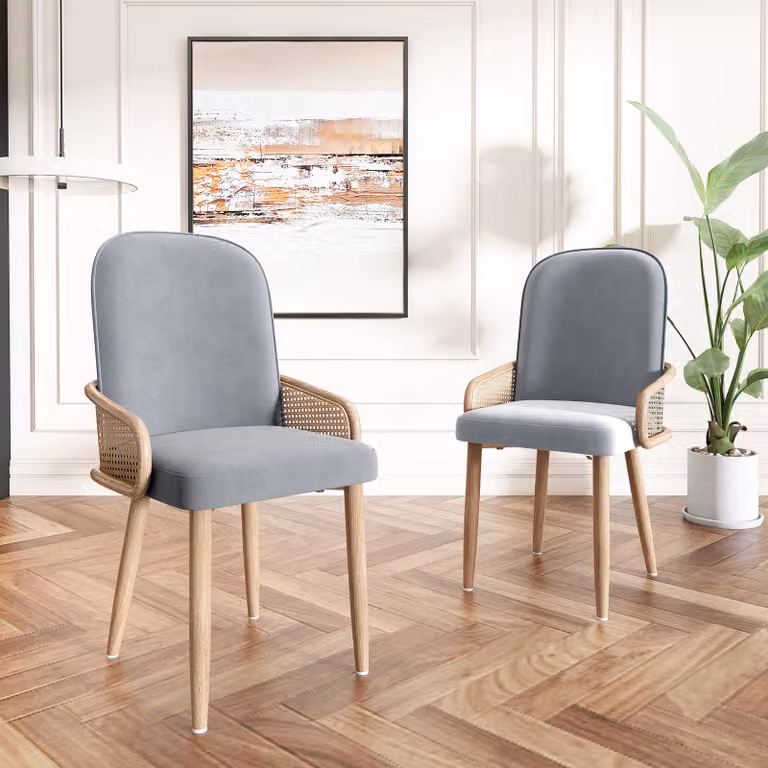 MODFU Sedie da pranzo (set da 2), sedia da cucina, poltrona imbottita, poltrona relax, poltrona lounge, letto imbottito, con quattro gambe in metallo, design in rattan, grigio