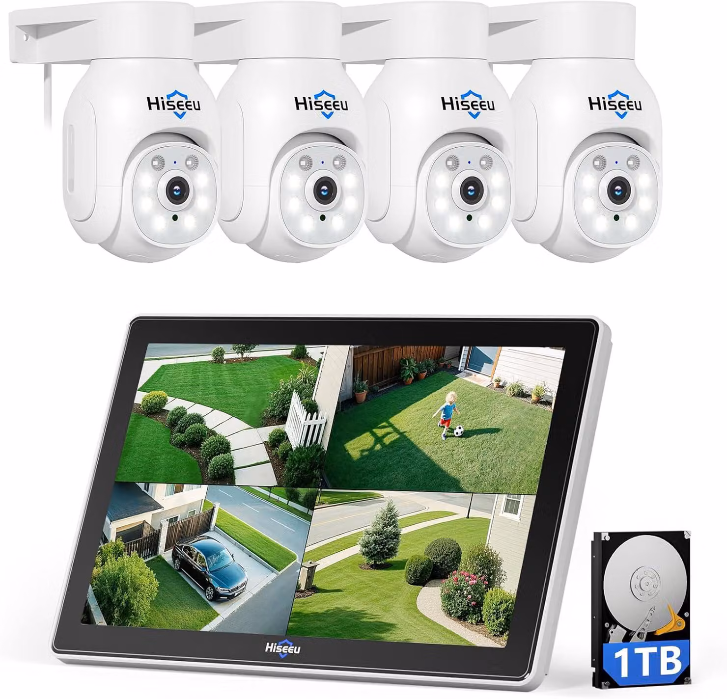 Sistema di videosorveglianza wireless con telecamera PTZ e monitor da 10 canali, composto da: 1 monitor HD da 10 canali, 1 registratore NVR da 10 canali a 5MP con hard disk da 1 TB, 4 telecamere PTZ da 3MP con copertura a 360° per uso esterno e connession