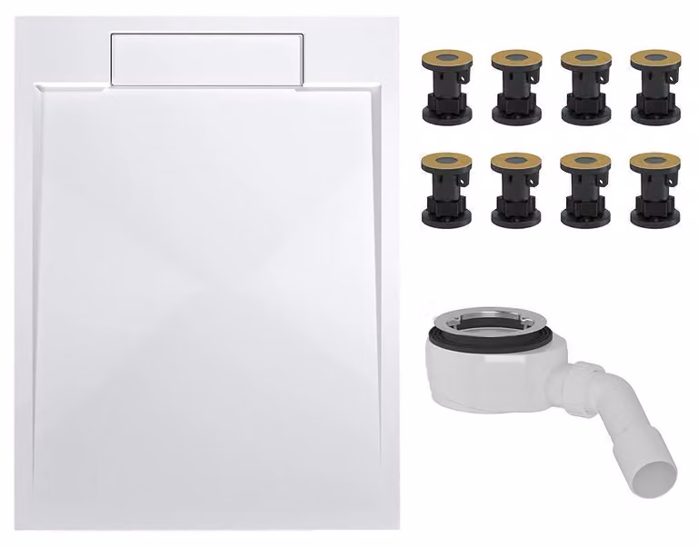 CERANO - Set doccia con piatto rettangolare Loro - marmo colato - bianco opaco - 120x90 cm + piedini + sifone per piatto doccia
