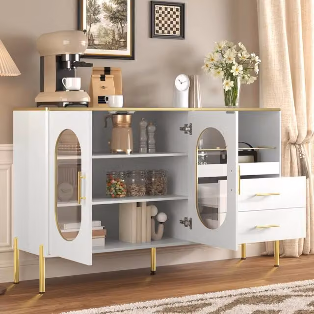 Credenza moderna bianca lucida con ante in vetro e dettagli oro, dotata di cassetti e passacavi, ideale per soggiorno o sala da pranzo, L: 90 cm, P: 38 cm, H: 45 cm