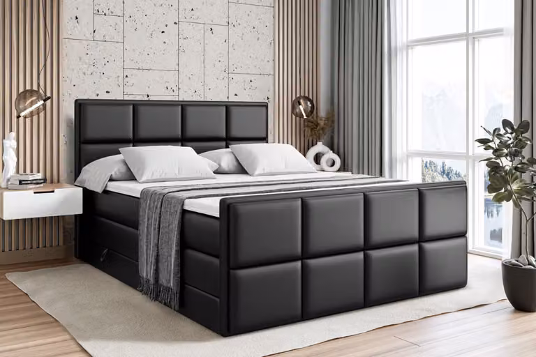 Letto boxspring ALTDECOR con pediera, 2 materassi e topper - 200x200 cm - NOVA-Z KING - Pelle finta nera - Letto imbottito con materassi H3 e H4, contenitore e rete a doghe, letto con spazio contenitivo
