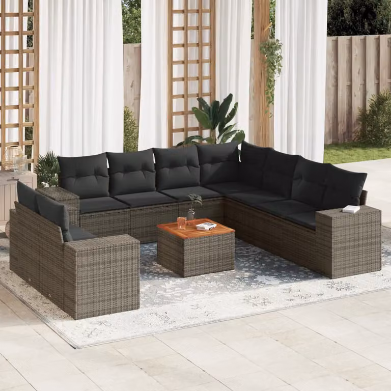 Set Divano da Giardino vidaXL 10 pz a Forma a L in Polyrattan Grigio con Cuscini e Tavolino