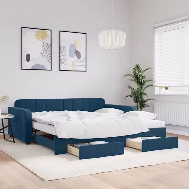 Divano Letto Estraibile vidaXL in Velluto Blu con Cassetto, L/P/H: 223 x 110 x 71 cm, Dimensioni Letto: 100 x 200 cm