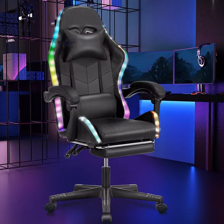Sedia da gaming ergonomica con illuminazione RGB, poggiapiedi e altezza regolabile