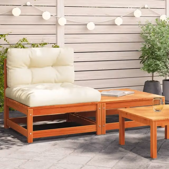 Divano da giardino vidaXL in legno di pino trattato con cuscini beige e pouf coordinato marrone L: 140 cm, P: 70 cm, H: 67 cm – 1