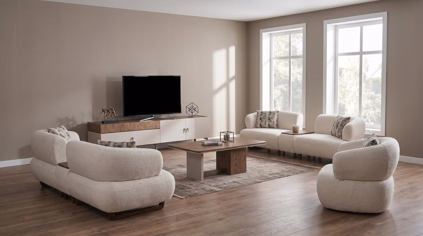 Divano componibile 4 posti + 4 posti + poltrona, design moderno, colore beige, confortevole, set imbottito per soggiorno