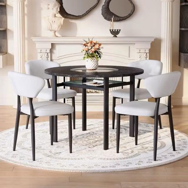 Tavolo da pranzo rotondo con 4 sedie in PU, piano in MDF con vetro e ripiano in vetro, per soggiorno, 100 cm