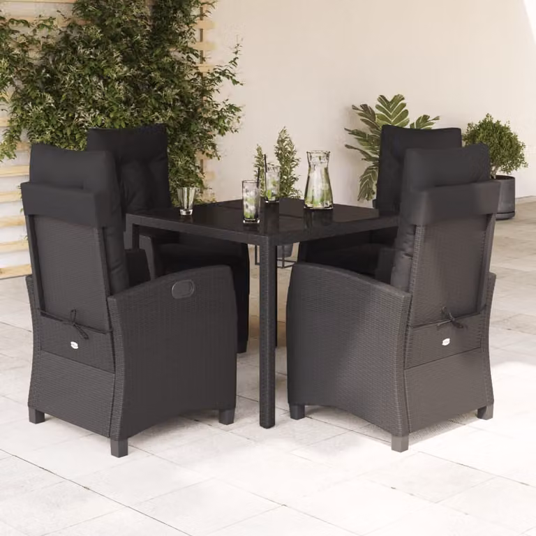 Set da Pranzo da Giardino vidaXL 5 pz in Polyrattan Nero con Cuscini e Tavolo in Vetro