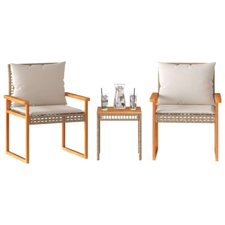 Set da Bistrò vidaXL 3 pz in Polyrattan e Legno di Acacia con Cuscini Beige