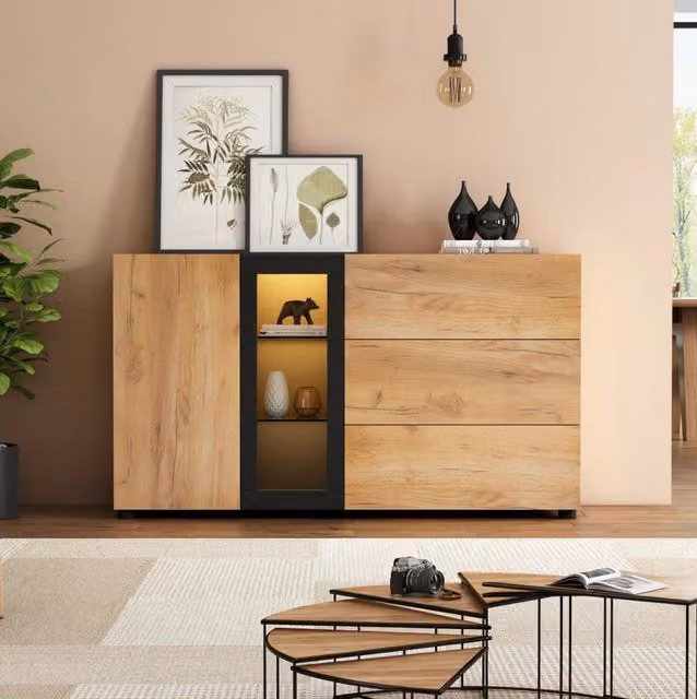 Madia con 3 cassetti; anta; ripiani in vetro e LED RGB via app; 140 x 40 x 80 cm; truciolare; nero e marrone