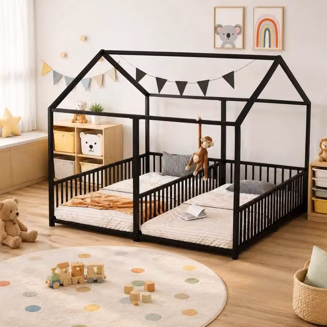 Letto per bambini a due posti a casetta in metallo con sponda e scala; 90 x 200 cm; nero