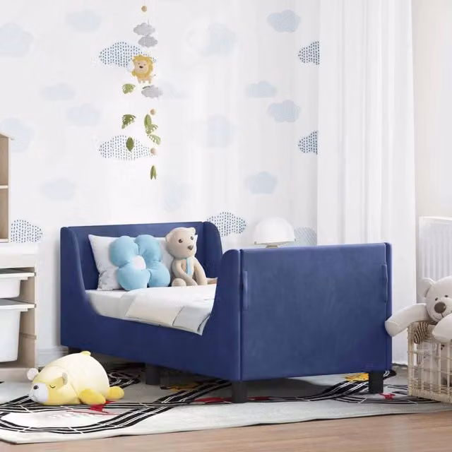 Struttura letto per bambini moderna in tessuto blu con testata e giroletto L 140 x P 70 x H 60 cm