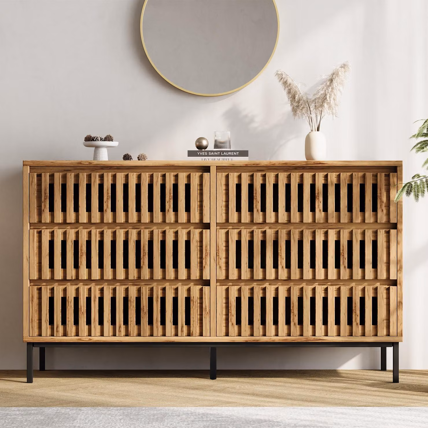 Mobile contenitore laterale Merax con 6 cassetti, comò con 5 gambe, armadio contenitore in MDF, credenza con ante a listelli verticali, colore legno