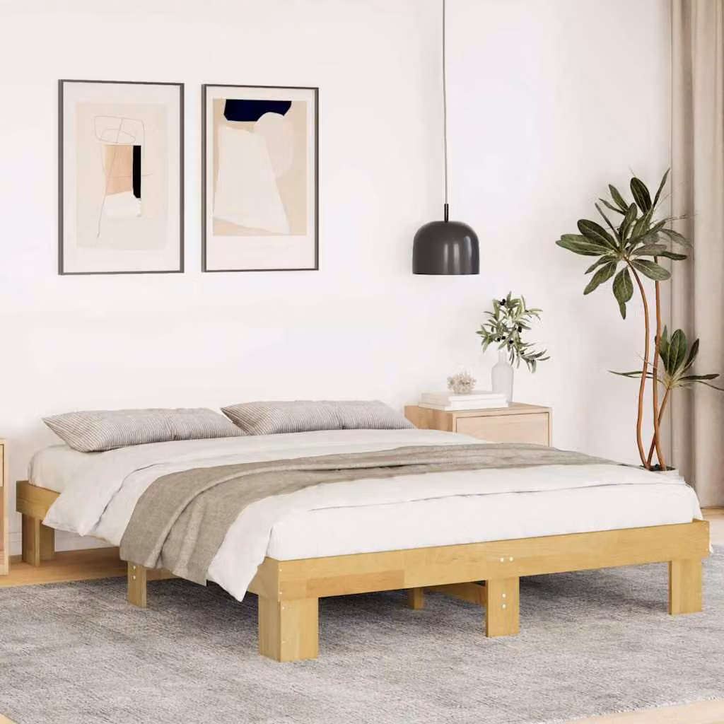 vidaXL Struttura letto in legno massello di rovere color marrone con doghe fisse L: 138 cm, P: 193 cm – 1