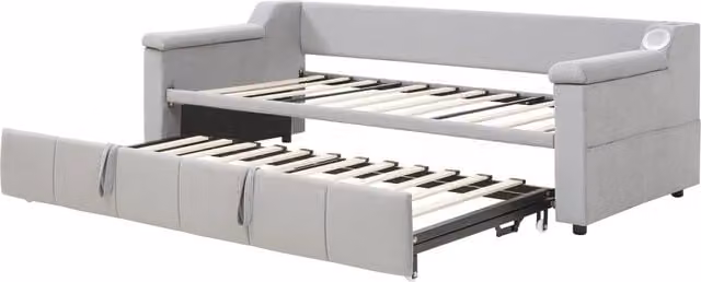 Divano letto imbottito 90/180x190 cm con Bluetooth, USB e ripiani, tessuto velluto grigio chiaro