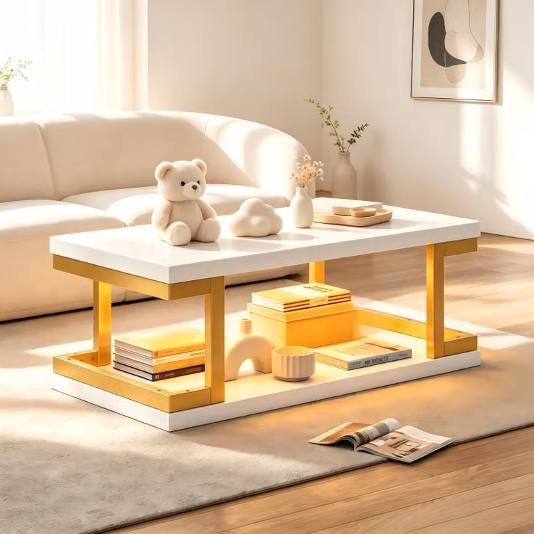 Tavolino da divano Merax con illuminazione a LED, tavolino da soggiorno in MDF e metallo, tavolino laterale con struttura in ferro dorato, tavolino per divano a due livelli, bianco